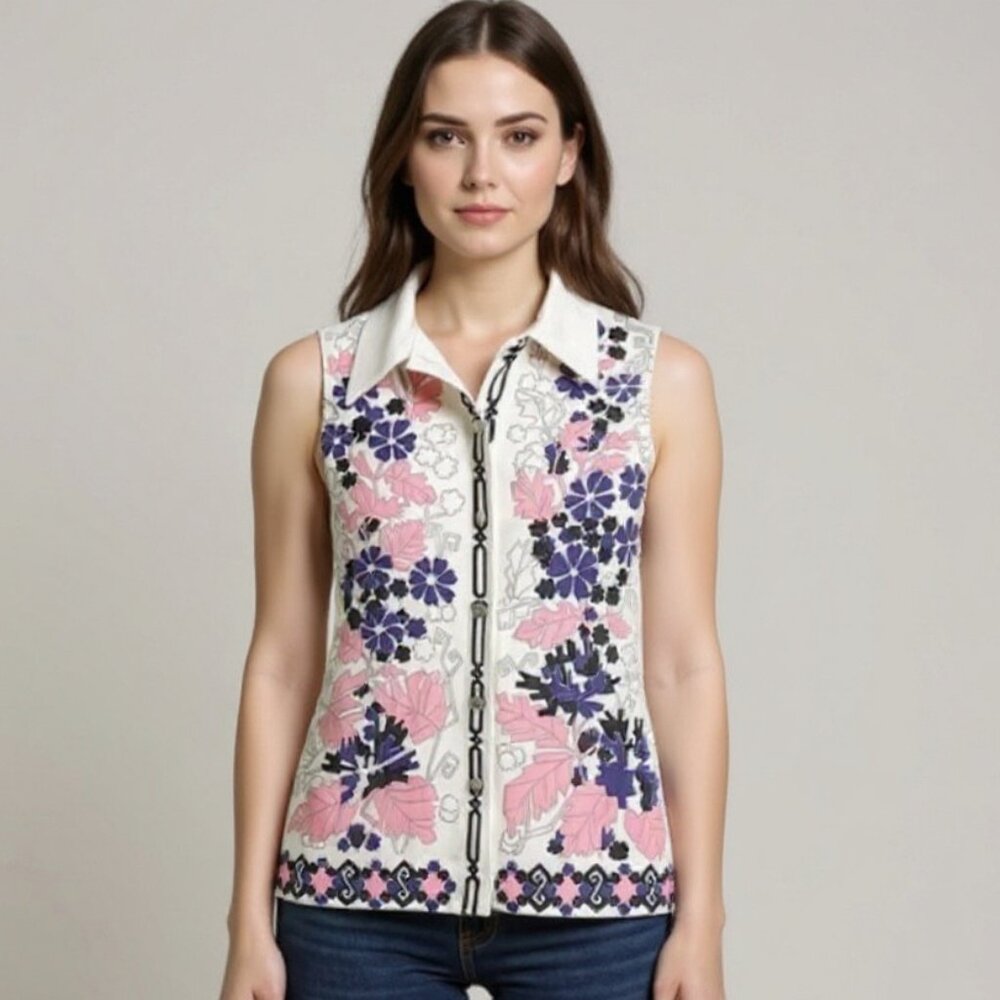 Vintage Smartique White Pink Purple Mod 60's 70's floral sleeveless blouse